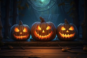 Obraz premium Haunted forest on Halloween night, Jack-o'-lantern with creepy lights like ghosts between the trees.