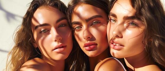 Obraz premium Three women with natural beauty and glowing skin posing confidently, casting shadows with a sunlit backdrop, expressing serene and radiant vibes.