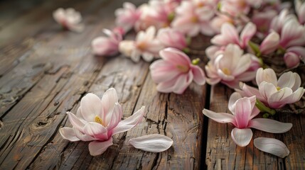 Freshly picked magnolias laid out on a rustic wooden floor, their elegant blooms creating a serene display