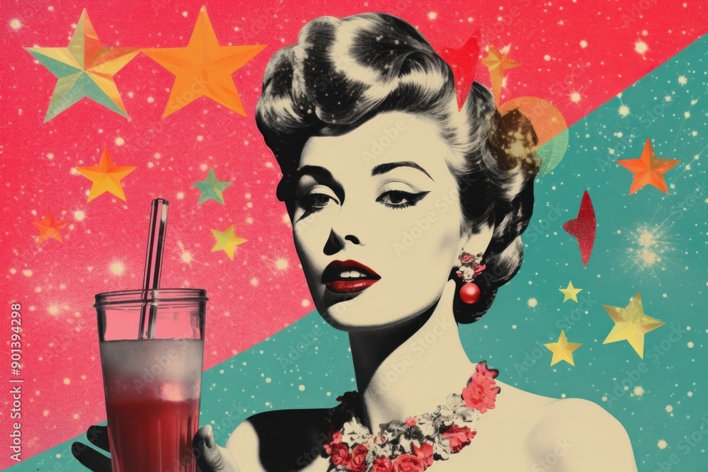 Sticker collage retro dreamy sparkling soda portrait art refreshment.