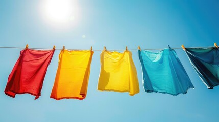 Freshly washed colorful clothes hanging on a clothesline under a clear blue sky. Gentle breeze and bright sunlight, capturing the essence of a perfect laundry day.