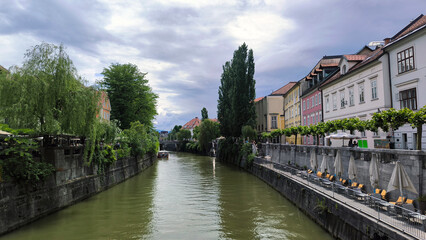 Ljubljana city on the banks of Ljubljanica river 