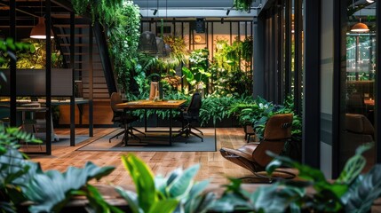 Obraz premium Indoor office garden with lush green plants and flowers, creating a refreshing and vibrant workspace.