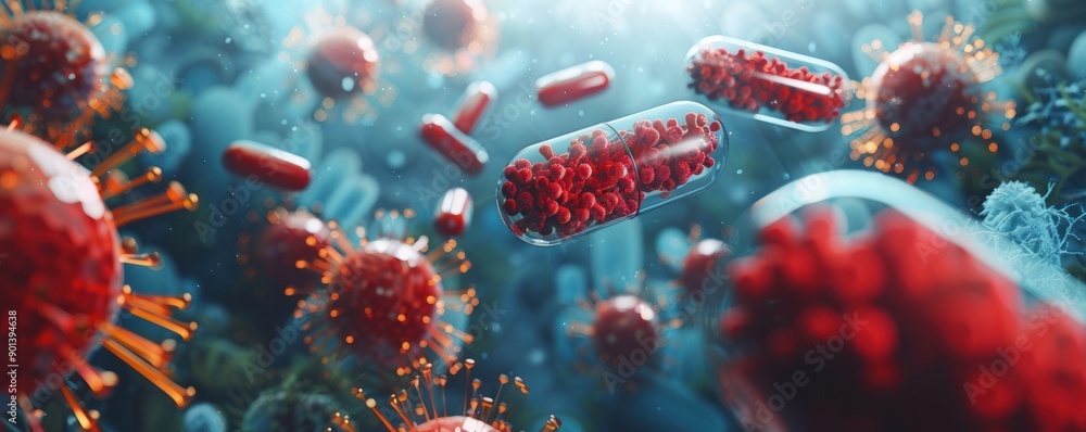 Poster colorful and intricate depiction of bacteria and viruses in a microscopic environment, highlighting 