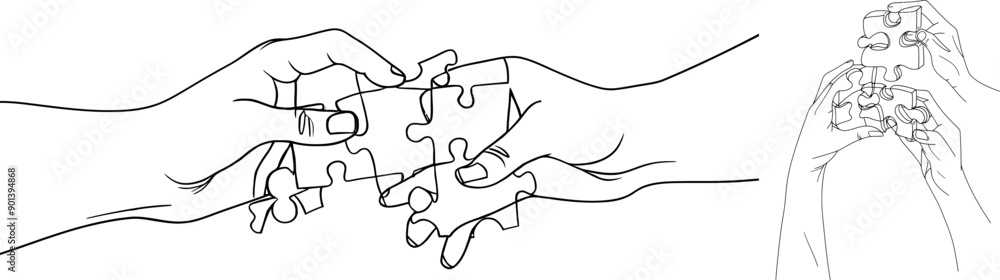 Poster this is a continuous line drawing of hands solving puzzle pieces in a jigsaw.