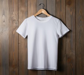 blank white t-shirt mockup on wood floor with hanger