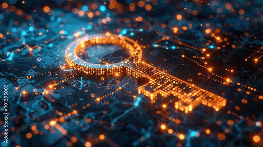 Poster digital key glowing in a network of connections, symbolizing cybersecurity, encryption, and data pro