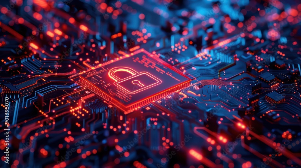 Poster futuristic digital circuit design featuring a secure lock symbol, symbolizing cybersecurity and adva