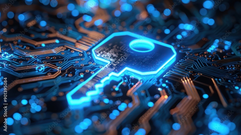 Poster futuristic key symbol glowing on a circuit board background, representing digital security and techn