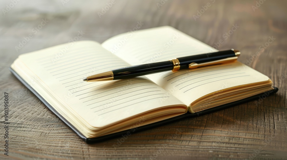 Poster open notebook with a pen, representing note-taking and business meetings.