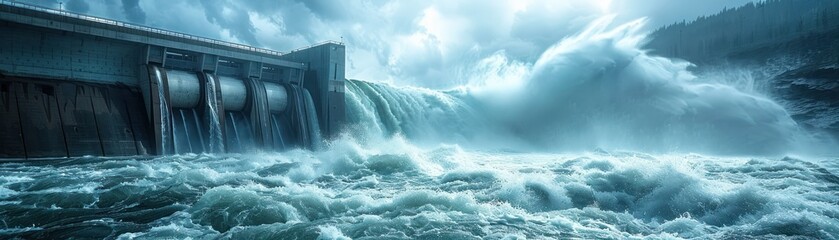Obraz premium Dynamic river flow cascading over a dam under dramatic skies, showcasing the raw power of nature and engineering.