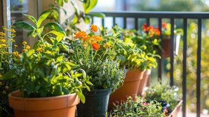 Fototapeta premium Office balcony garden with a mix of potted flowers and herbs, providing a refreshing outdoor space for breaks.