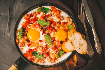 Shakshuka, scrambled eggs with tomatoes, capsicum, bacon and onions in a cast iron pan with toasted bread on a gray background with a knife and fork