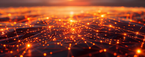 Obraz premium Global financial network concept with interconnected glowing nodes and data streams, highlighting international trade --ar 5:2 Job ID: 72eb253a-f9f7-43af-a360-c996c30ad2ac