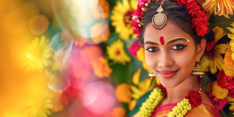 Onam celebration portrait of a young woman in traditional attire with vibrant floral decorations and jewelry.