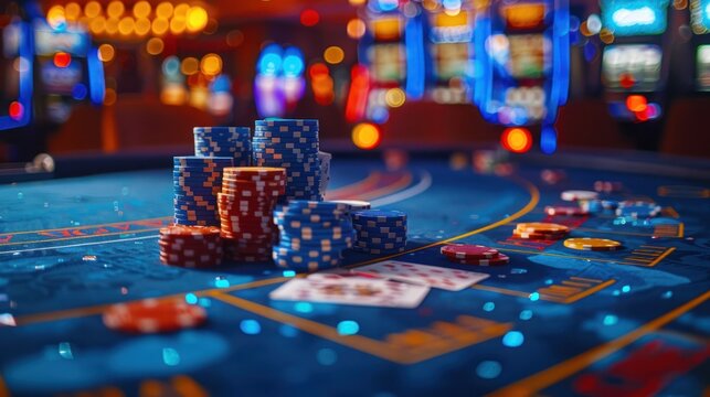 Vibrant casino scene featuring colorful poker chips and playing cards on a gaming table, perfect for conveying excitement and fun.