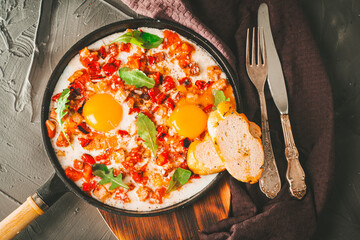 Scrambled eggs with tomatoes, peppers, shallots and bacon in a cast iron skillet with slices of bread. Delicious, nutritious and healthy breakfast Gray background, burgundy napkin. High quality photo