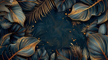 Tropical leaves of dark blue and green color, shiny golden light texture. Luxurious gold wallpaper. Black and gold background.