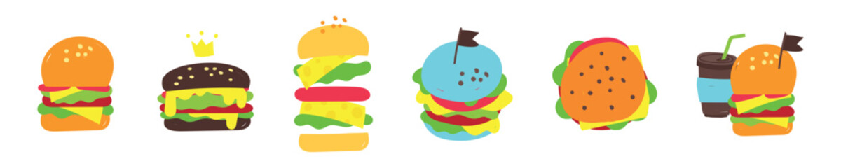 set of clip arts cheeseburgers. National Cheeseburger. Burger design concept vector illustration. Fastfood, junk food.