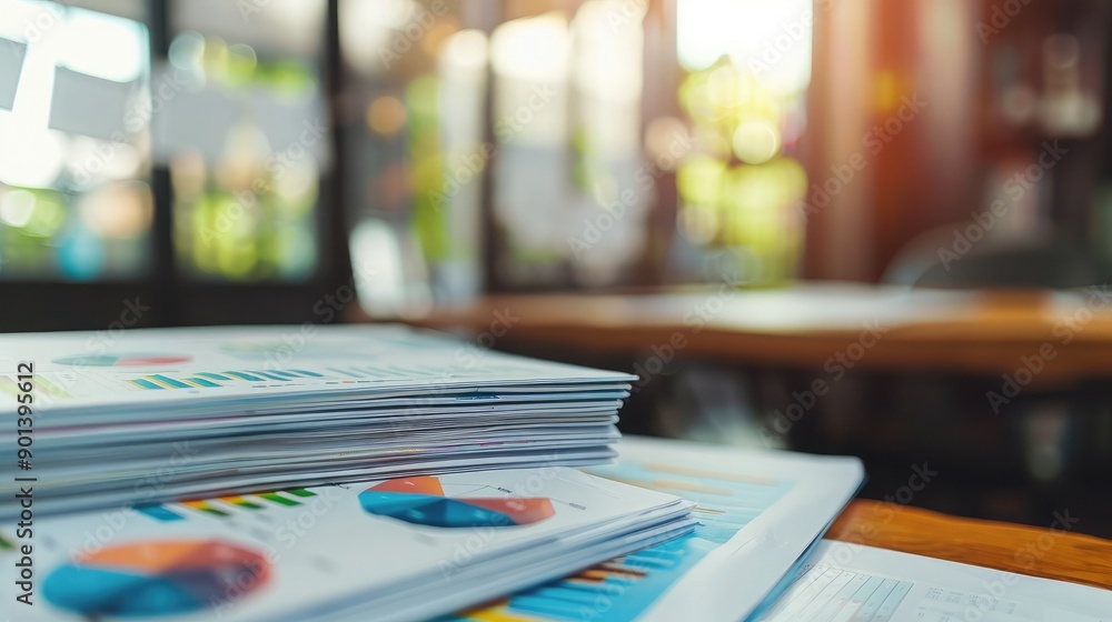 Poster stack of business reports on a desk, symbolizing corporate documentation and analysis.