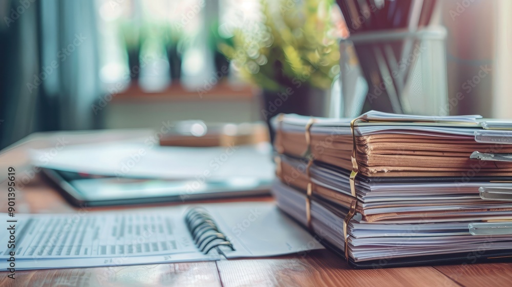 Poster stack of business reports on a desk, symbolizing corporate documentation and analysis.