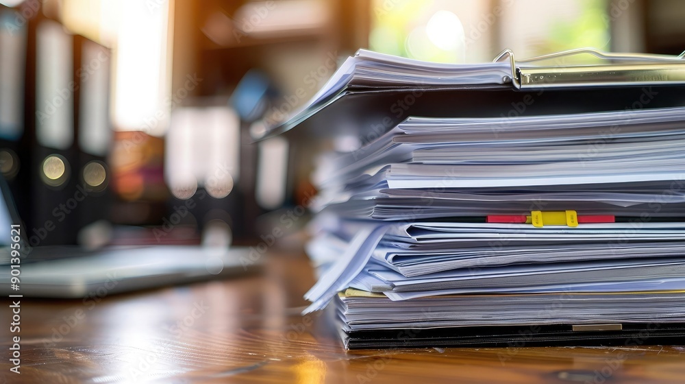 Poster stack of business reports on a desk, symbolizing corporate documentation and analysis.