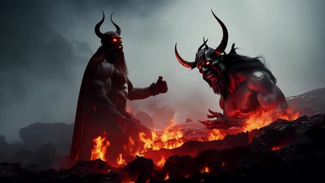 Mystical demons standing amidst fiery landscape at dusk