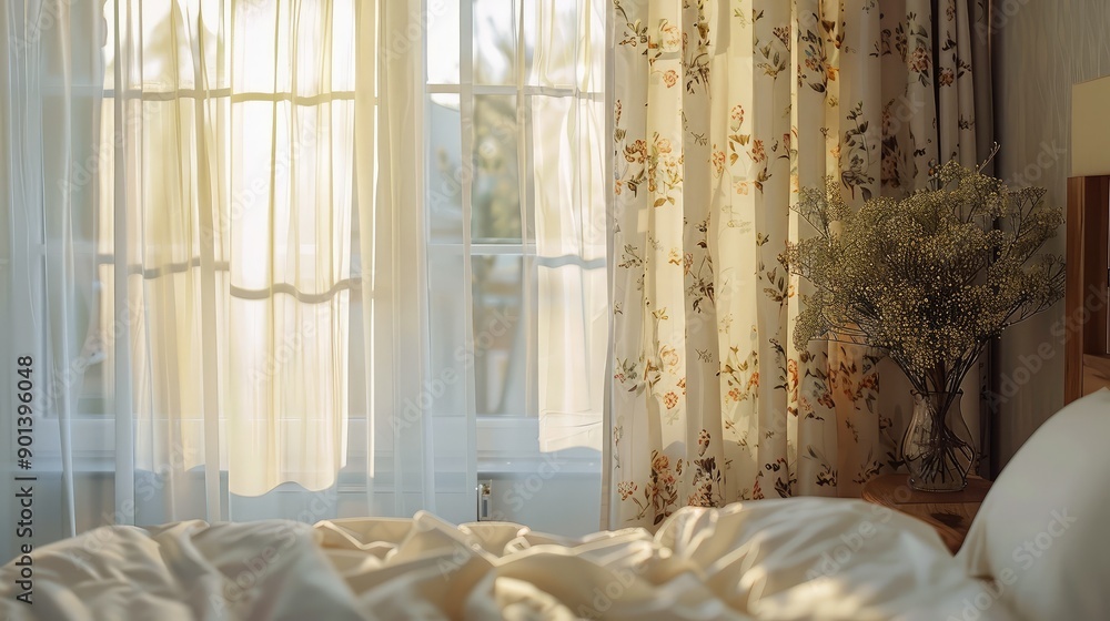 Poster classic white curtains with a subtle floral pattern, creating a timeless and elegant look in a cozy 