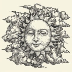 Fototapeta premium sun with face, clouds around the sun, illustrative pen-and-ink sketches