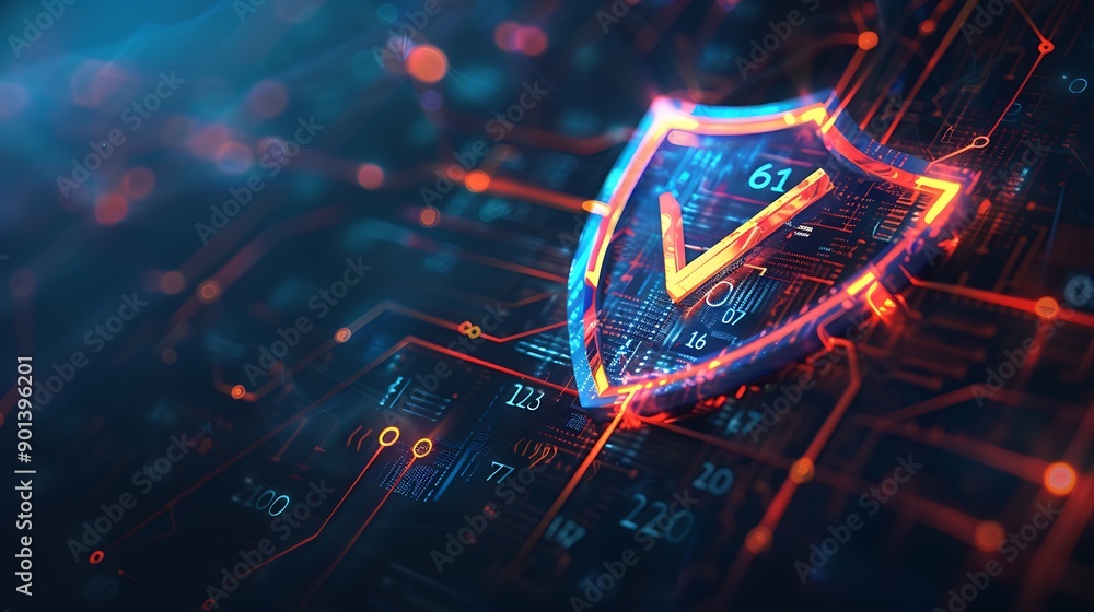 Aufkleber glowing shield with a checkmark sits on a futuristic digital circuit board, representing the concept