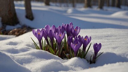 Purple crocuses growing through the snow in early spring.