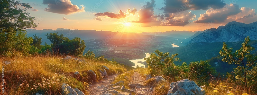 Poster Sun Setting Over Mountain Range and River