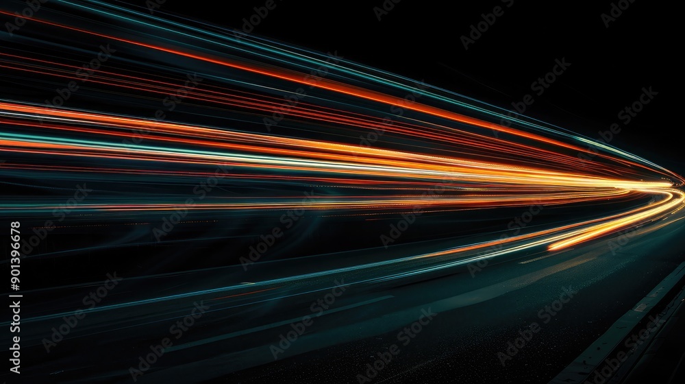 Poster light trails on a dark road, symbolizing speed and movement.