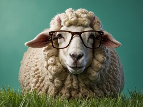 funny sheep with glasses eating grass, funny bakra eid, eid ul adha, eid mubarak wallpaper with copy space on pastel green background.