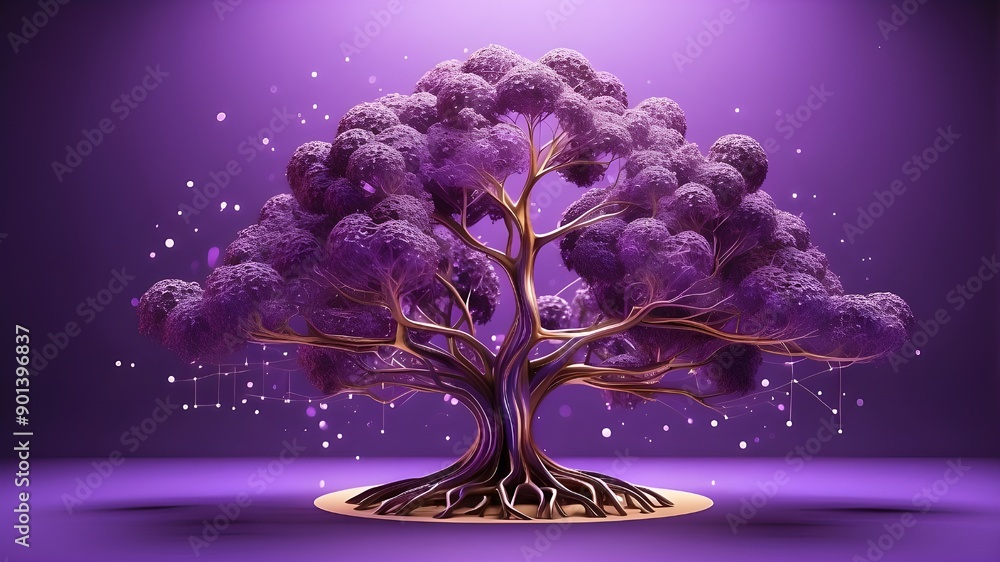 Poster digital tree in abstract against a purple backdrop. concept of network connections and big data. thr