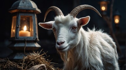 Obraz premium White goat next to lantern, feast of sacrifice concept.