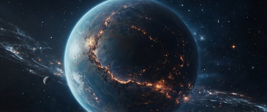 Futuristic cosmic galaxy planet starry sky, planetary starry space metaverse science and technology future aerospace concept.