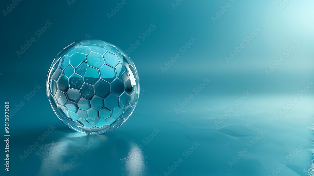 Poster 3d rendering of a glass sphere with a hexagonal pattern on a blue background. the sphere reflects th