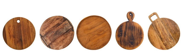 Wooden cutting board. Set of wooden cutting boards, round and rectangular shapes handmade wood cutting boards isolated on white background with clipping part. Elements for design.