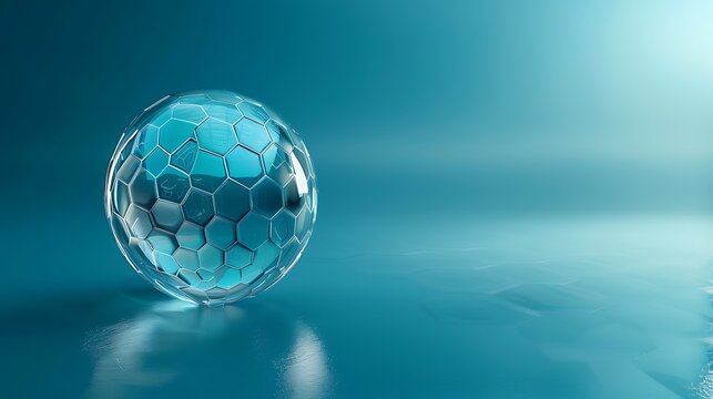3D rendering of glass sphere with hexagonal pattern on blue background reflecting environment for abstract modern design concept.