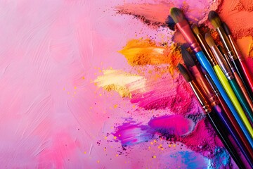 Vibrant art creation with paintbrushes on colorful pink background during daytime