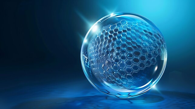 Blue glass sphere with a hexagon pattern against a blue background. - Powered by Adobe
