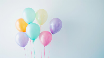 Aesthetic pastel colored balloons floating in the air against white wall background, copy space. Generative AI