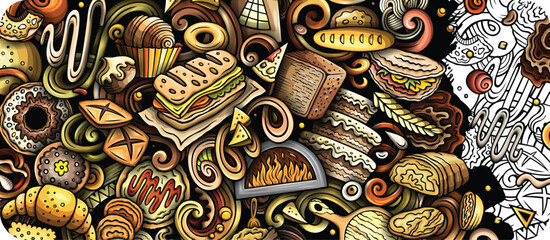 Cartoon vector doodle Bakery banner background. Funny Bakehouse colorful design
