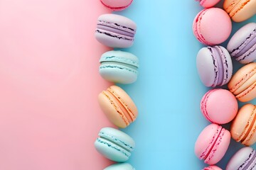 Obraz premium Colorful assortment of macarons arranged beautifully on pink and blue background