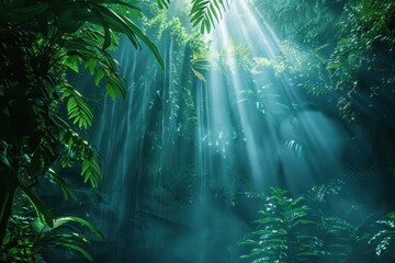Fototapeta premium Lush Sunlight Streams Through the Dense Green Jungle Canopy