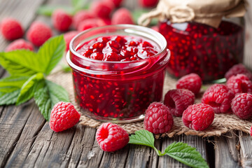 Raspberry jam with berry. Homemade confiture with raspberry.