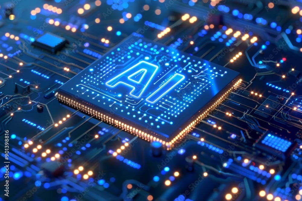 Poster close up of a glowing blue ai chip on a circuit board representing advanced technology and the integ