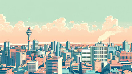 Obraz premium Risograph vibrant riso print travel poster, card, wallpaper or banner illustration, modern, isolated, clear, simple of Johannesburg, South Africa. Artistic, screen printing, stencil