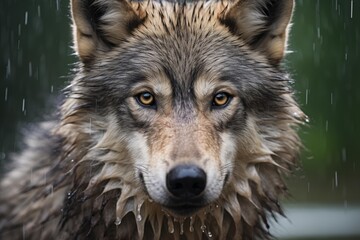 Obraz premium Close-up of a wolf's face with striking eyes amidst a downpour, showcasing the beauty of wild nature